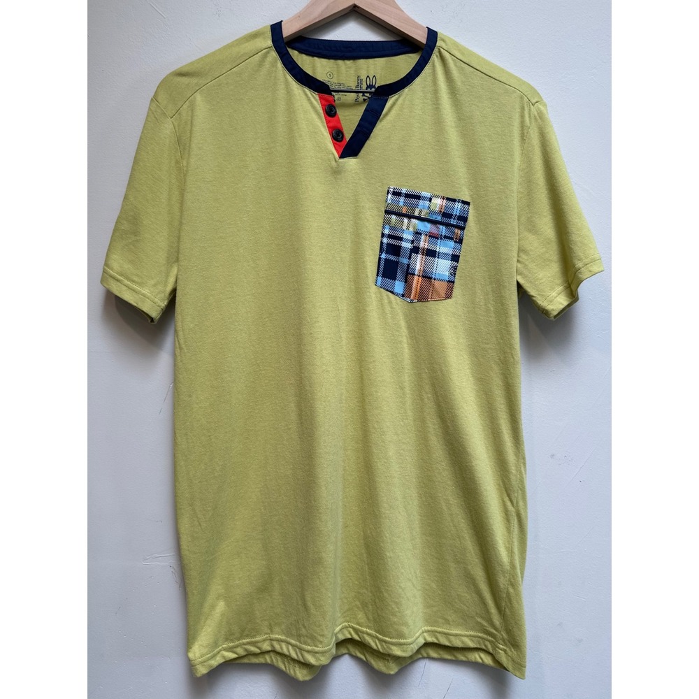 Psycho Bunny Mens Henley T-Shirt Lime Green Plaid Pocket Short Sleeve S